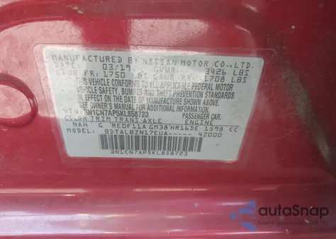 2019 Nissan Versa 1.6 Sv from USA, damaged, VIN 3N1CN7AP5KL858723